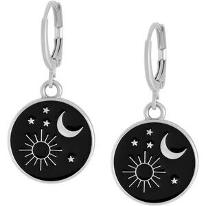 Sun Moon Star Enamel Earrings – Mystical Black Celestial Silver Dangle Jewelry